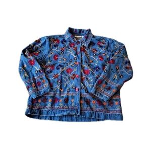 Vintage 90s Denim Floral Embroidered  Jacket  Medium Boho Cottagecore Art